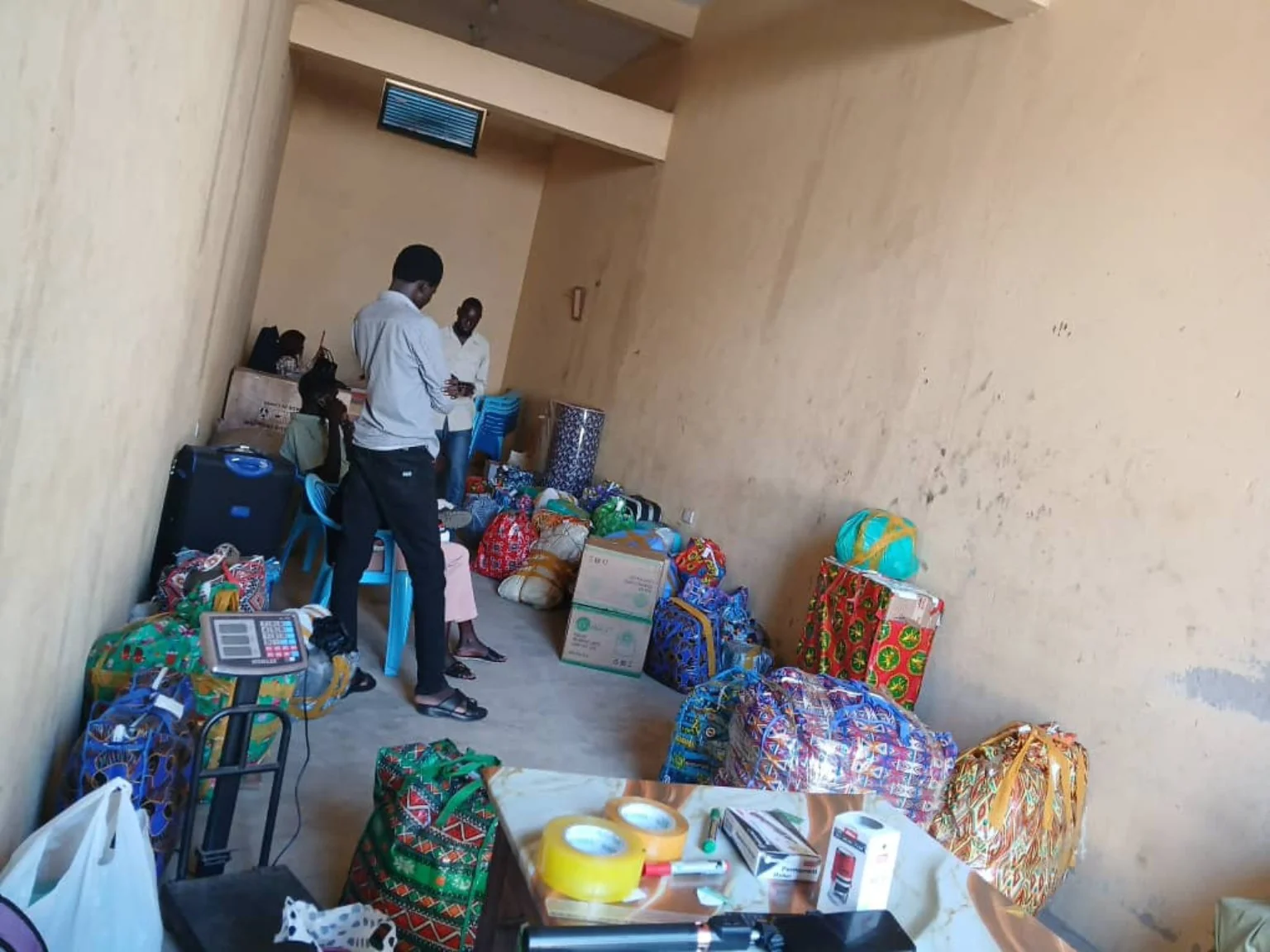 Cargo items arranged inside a storage room